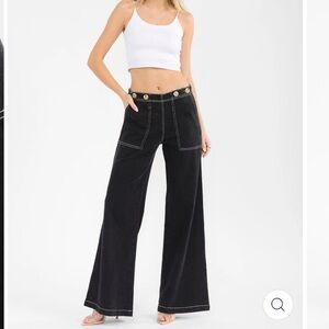 0304. Black Wide-Leg Pants with Button Detail